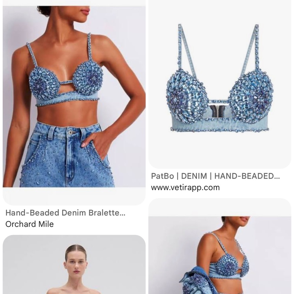 PatBO Blue Hand-Beaded Denim Bralette